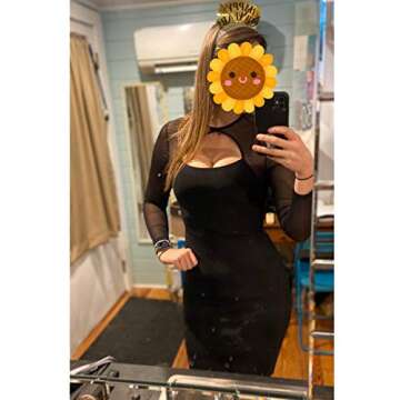 Maketina Women Midi Length Cut Out Keyhole Party Bodycon Bandage Dress with Transparent Long Sleeves Black XL