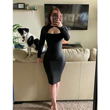 Maketina Women Midi Length Cut Out Keyhole Party Bodycon Bandage Dress with Transparent Long Sleeves Black XL