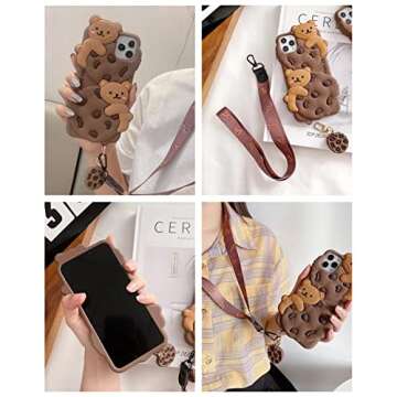 SGVAHY Phone Case for iPhone 11 Case Cute iPhone Case with Strap Lanyard Keychain Kawaii Phone Cases Funny Soft Silicone Shockproof Protective iPhone 11 Case for Women Girls (Bear Cookie Khaki)