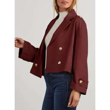 Dokotoo Women's Trench Coats Fall Fashion 2024 Long Sleeve Notched Lapel Double Breasted Cropped Jackets for Women Autumn Winter Casual Open Front Work Suit Office Blazer Windbreaker Red Medium