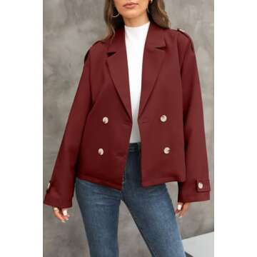 Dokotoo Women's Trench Coats Fall Fashion 2024 Long Sleeve Notched Lapel Double Breasted Cropped Jackets for Women Autumn Winter Casual Open Front Work Suit Office Blazer Windbreaker Red Medium
