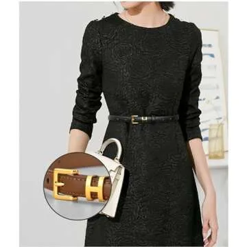 Larsweryar Women’s Belts，Skinny Elegantes Fashion Slim Leather Belt With Gold Buckle，Applicable to Dress Jeans slacks(Black+caramel, 25"-33"(102CM) Two pack