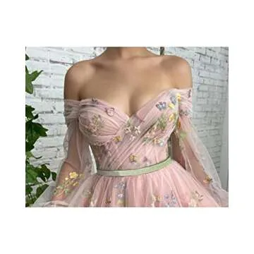 UZN Puffy Sleeve Prom Dress with Embroidery and Pockets