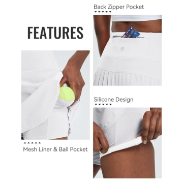 BALEAF Women's Pleated Tennis Skirts High Waisted Lightweight Athletic Golf Skorts Skirts with Shorts Pockets White Large