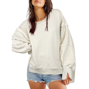 Beaully Womens Oversized Crewneck Sweatshirts Casual Long Sleeve Slouchy Pullover Tops with Side Slits 6088 Grey Medium