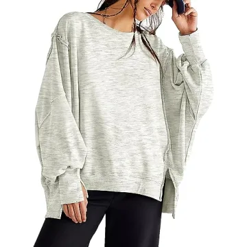 Beaully Womens Oversized Crewneck Sweatshirts Casual Long Sleeve Slouchy Pullover Tops with Side Slits 6088 Grey Medium