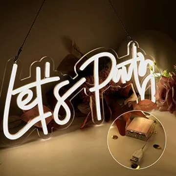 ATOLS Let's Party Neon Sign Battery or USB Powered, Happy Birthday Led Sign, Lets Party Light Up Sign for Wall Decor, Bachelorette Party, Engagement, Wedding, 16x7Inch,Warm White