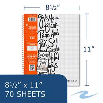 ROARING SPRING Whitelines Premium Spiral Notebook, 5x5 Graph Ruled, 11" x 8.5", 70 Sheets, Digitally Download Your Notes, Free App, Pack of 3