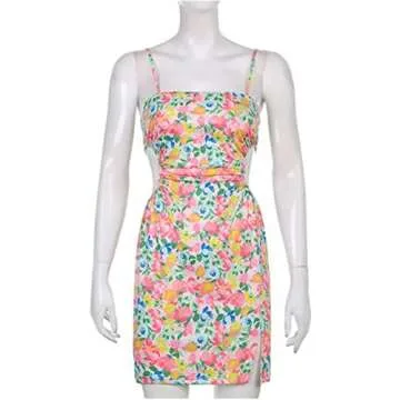 Women Hollow Out Bodycon Dress, Romantic Floral Print Open Waist Slip Dress Sleeveless Backless Split Beach Short Dress (S, Style A)