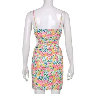 Women Hollow Out Bodycon Dress, Romantic Floral Print Open Waist Slip Dress Sleeveless Backless Split Beach Short Dress (S, Style A)