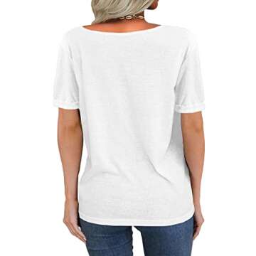 Danedvi Women Fashion Deep V-Neck Short Sleeve Tops Solid Casual Loose Basic T Shirt White