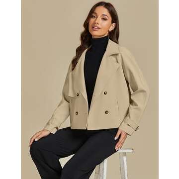 luvamia Women Trench Coat Short Jackets for Women Khaki Jacket Women Womens Fall Clothes Trending Womens Clothes Womens Clothes 2024 Cute Jackets for Women Fashion Khaki Small Fits Size 4 / Size 6