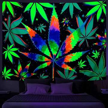 VeiVian Blacklight Trippy Weed UV Reactive Tapestry, Psychedelic Hemp Leaf Tapestry Cool Colourful T...