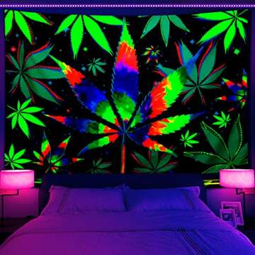 VeiVian Blacklight Trippy Weed UV Reactive Tapestry, Psychedelic Hemp Leaf Tapestry Cool Colourful Tie Dyed Marijuana Small Black Light Tapestries for Mens Bedroom Living Room Dorm, 60X40IN