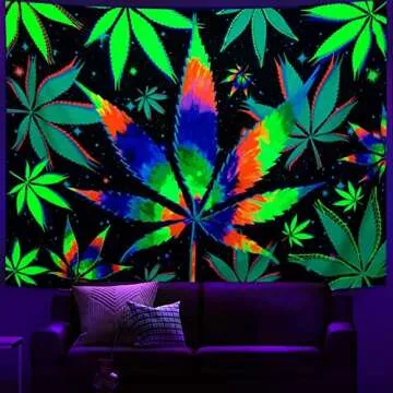 VeiVian Blacklight Trippy Weed UV Reactive Tapestry, Psychedelic Hemp Leaf Tapestry Cool Colourful Tie Dyed Marijuana Small Black Light Tapestries for Mens Bedroom Living Room Dorm, 60X40IN