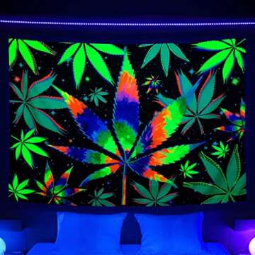 VeiVian Blacklight Trippy Weed UV Reactive Tapestry, Psychedelic Hemp Leaf Tapestry Cool Colourful Tie Dyed Marijuana Small Black Light Tapestries for Mens Bedroom Living Room Dorm, 60X40IN