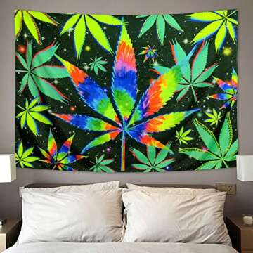 VeiVian Blacklight Trippy Weed UV Reactive Tapestry, Psychedelic Hemp Leaf Tapestry Cool Colourful Tie Dyed Marijuana Small Black Light Tapestries for Mens Bedroom Living Room Dorm, 60X40IN
