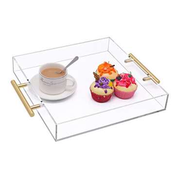 12x12 Clear Acrylic Serving Tray with Gold Handle, Clear Square Plastic Food Serving Tray for Breakfast Coffee Bread Kitchen Home Decor(12x12 inches)