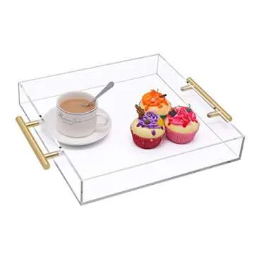 12x12 Clear Acrylic Serving Tray with Gold Handle, Clear Square Plastic Food Serving Tray for Breakfast Coffee Bread Kitchen Home Decor(12x12 inches)