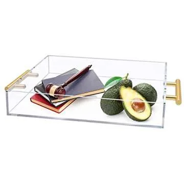 12x12 Clear Acrylic Serving Tray with Gold Handle, Clear Square Plastic Food Serving Tray for Breakfast Coffee Bread Kitchen Home Decor(12x12 inches)