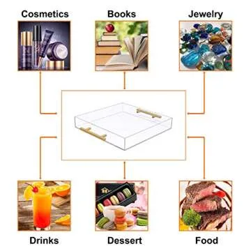 12x12 Clear Acrylic Serving Tray with Gold Handle, Clear Square Plastic Food Serving Tray for Breakfast Coffee Bread Kitchen Home Decor(12x12 inches)