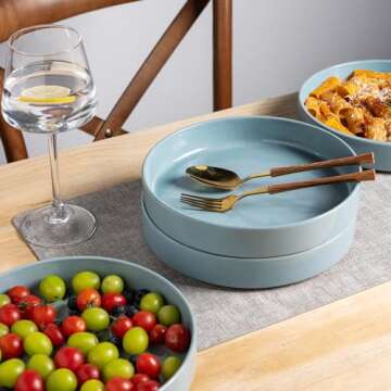 AmorArc 9.0" Large Ceramic Pasta Bowls, 32oz Handmade Speckled Stoneware Pasta Bowls Set of 4, Microwave & Dishwasher Safe Bowls With Terracotta Underside for Fruit Pasta Salad-Blue