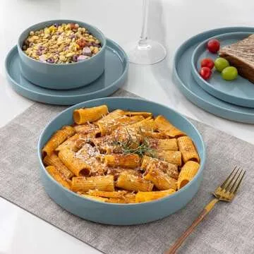 AmorArc 9.0" Large Ceramic Pasta Bowls, 32oz Handmade Speckled Stoneware Pasta Bowls Set of 4, Microwave & Dishwasher Safe Bowls With Terracotta Underside for Fruit Pasta Salad-Blue