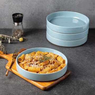 AmorArc 9.0" Large Ceramic Pasta Bowls, 32oz Handmade Speckled Stoneware Pasta Bowls Set of 4, Microwave & Dishwasher Safe Bowls With Terracotta Underside for Fruit Pasta Salad-Blue