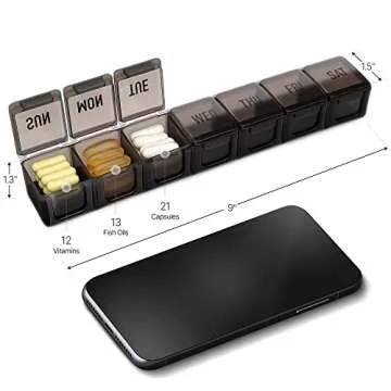 Hydra Cup [4 Pack] Weekly Pill Organizer & Vitamin Planner, Extra Large Mobile Medicine Box Value Pack, Unique Colors for Daily or Monthly Use, 7 Compartments.