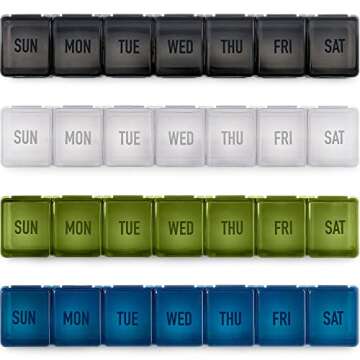 Hydra Cup [4 Pack] Weekly Pill Organizer & Vitamin Planner, Extra Large Mobile Medicine Box Value Pack, Unique Colors for Daily or Monthly Use, 7 Compartments.