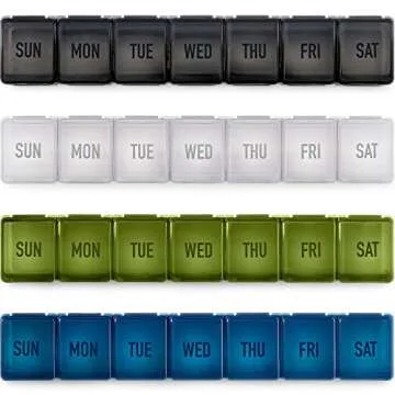 Hydra Cup [4 Pack] Weekly Pill Organizer & Vitamin Planner, Extra Large Mobile Medicine Box Value Pack, Unique Colors for Daily or Monthly Use, 7 Compartments.