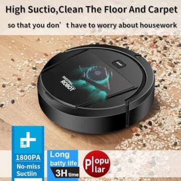 Sweeping Robot, Cleans Hard Floors to Medium Pipe Carpets, Super Strong Sution, Ultra Slim Quiet, Robot Vacuum Cleaner, Integral Memory Multiple Cleaning Modes Vacuum Best for Pet Hairs Black Pro