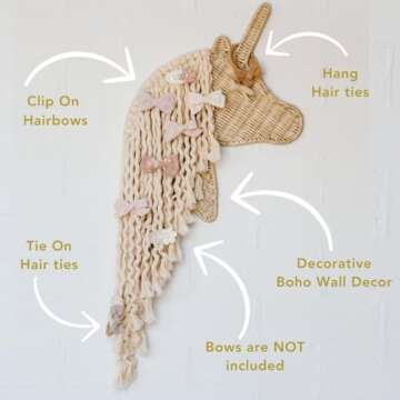 BEBE BASK Unicorn Boho Handmade Rattan Macrame Hair Bow Holder and Organizer for Girls
