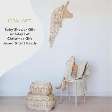 BEBE BASK Unicorn Boho Handmade Rattan Macrame Hair Bow Holder and Organizer for Girls