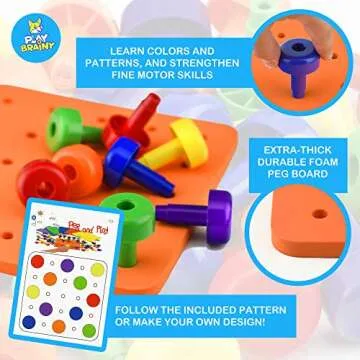 Play Brainy Peg Learning Toy Set – Exciting Montessori Style Colorful Stacking Board Toy for Toddlers & Preschoolers – Perfect for Color Recognition & Matching (30 Pegs)