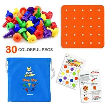 Play Brainy Peg Learning Toy Set – Exciting Montessori Style Colorful Stacking Board Toy for Toddlers & Preschoolers – Perfect for Color Recognition & Matching (30 Pegs)