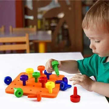 Play Brainy Peg Learning Toy Set – Exciting Montessori Style Colorful Stacking Board Toy for Toddlers & Preschoolers – Perfect for Color Recognition & Matching (30 Pegs)