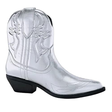 Soda Women’s Cowgirl Cowboy Western Stitched Ankle Boots - Comfortable & Stylish! (Silver, 8.5)