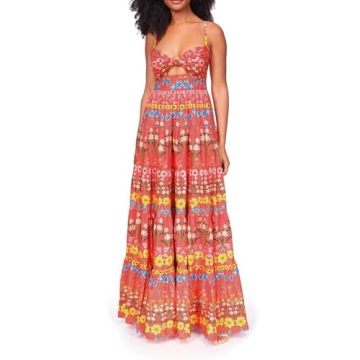 Women Y2k Boho Maxi Dress Vintage Floral Tie Shoulder Strap Sleeveless A Line Long Dress Summer Beac...