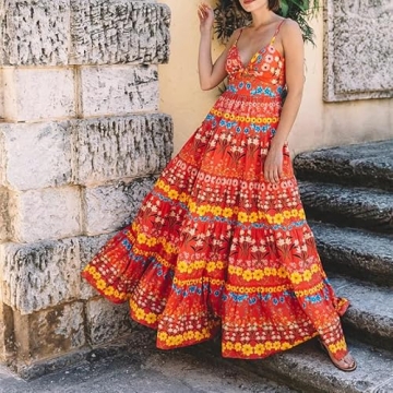 Women Y2k Boho Maxi Dress Vintage Floral Tie Shoulder Strap Sleeveless A Line Long Dress Summer Beach Flowy Dresses