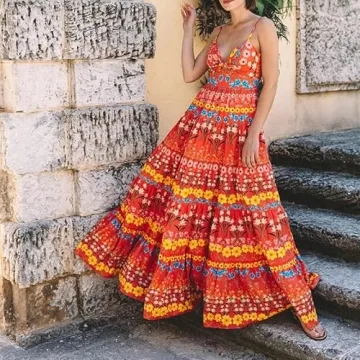 Women Y2k Boho Maxi Dress Vintage Floral Tie Shoulder Strap Sleeveless A Line Long Dress Summer Beach Flowy Dresses