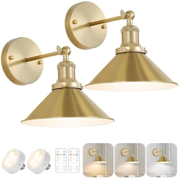 Bailoch Gold Vintage Wireless Battery Operated Wall Sconces, Industrial Cordless Battery Powered Led...
