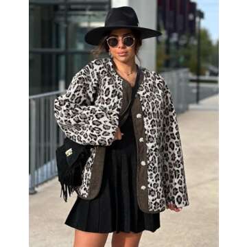 Flygo Women's Leopard Fuzzy Sherpa Fleece Jacket Casual Corduroy Patchwork Long Sleeve Button Down Coat Outerwear with Pocket(BeigeGrey-S)