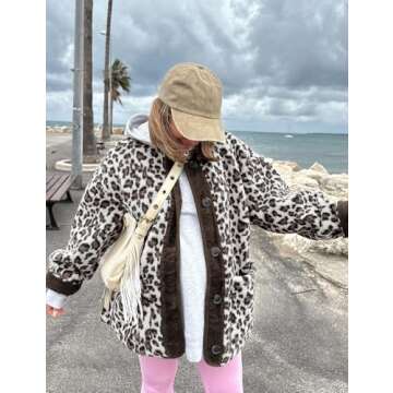 Flygo Women's Leopard Fuzzy Sherpa Fleece Jacket Casual Corduroy Patchwork Long Sleeve Button Down Coat Outerwear with Pocket(BeigeGrey-S)