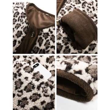 Flygo Women's Leopard Fuzzy Sherpa Fleece Jacket Casual Corduroy Patchwork Long Sleeve Button Down Coat Outerwear with Pocket(BeigeGrey-S)