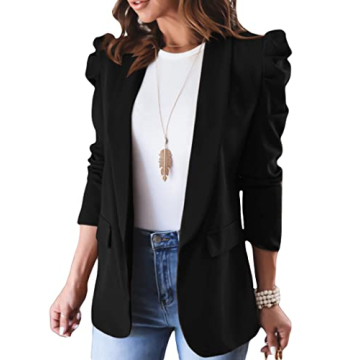 KIRUNDO Women's 2025 Spring Fall Casual Puff Sleeve Lapel Open Front Blazer with Pockets (Black, Sma...