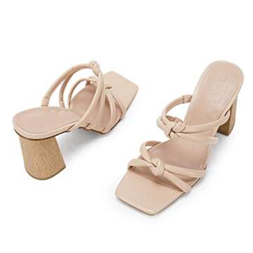 LAICIGO Women's Square Toe Chunky Block Heeled Sandals Double Knot Slip On Dress Party Shoes