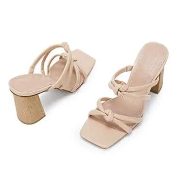 LAICIGO Women's Square Toe Chunky Block Heeled Sandals Double Knot Slip On Dress Party Shoes