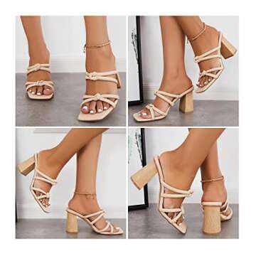LAICIGO Women's Square Toe Chunky Block Heeled Sandals Double Knot Slip On Dress Party Shoes