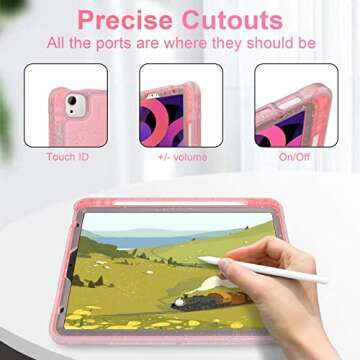 ZoneFoker for iPad Air Case 5th/ 4th Generation, iPad Air 5 Case, Cute iPad Air 10.9 inch Case 2022/2020 with Pencil Holder/Stand, Hard Sturdy Slim Pro 11 Cover for Girls Women (Clear Pink Glitter)